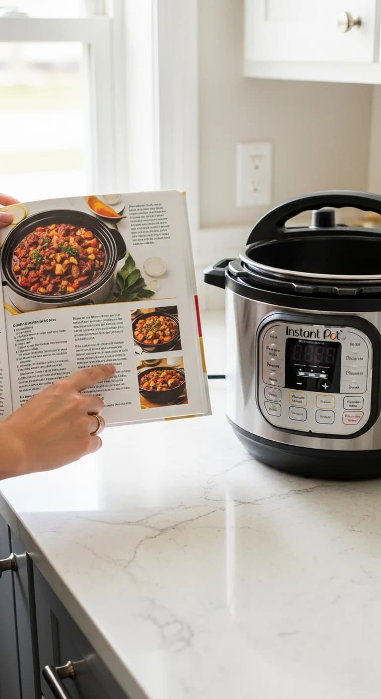 A person reviewing a slow cooker cookbook next to an Instant Pot on a kitchen counter.