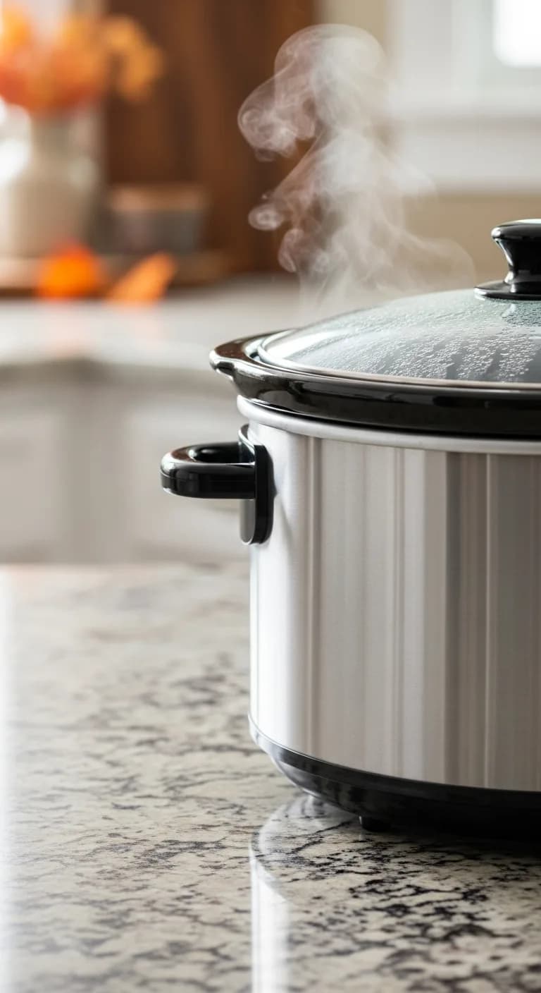 Slow cooker with lid on cooking squash soup on kitchen counter