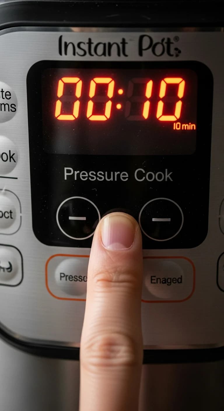A finger pressing the 'Pressure Cook' button on an Instant Pot display, setting the timer.