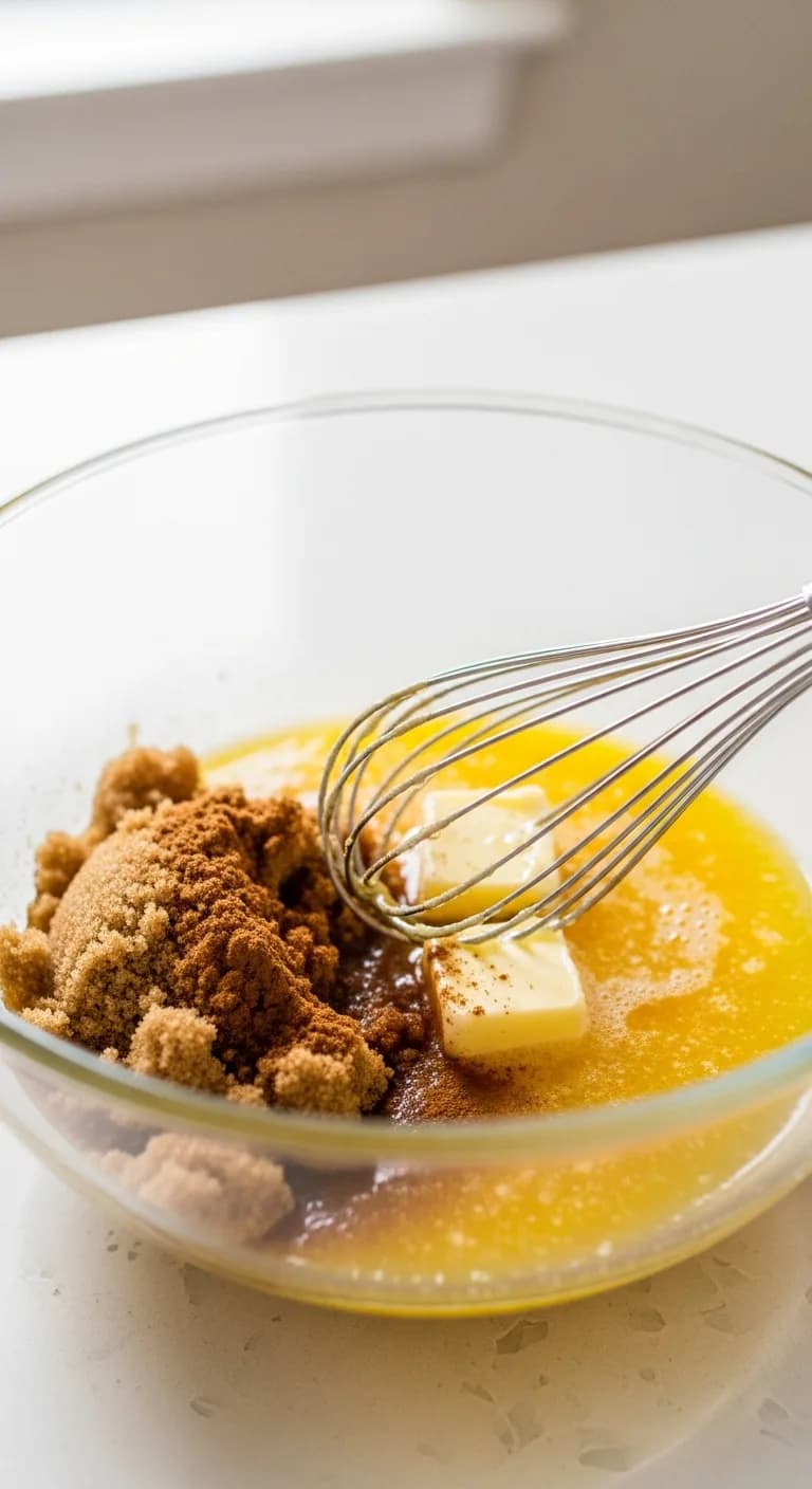 Melted butter, brown sugar, and cinnamon being whisked in a glass bowl for carrot glaze.