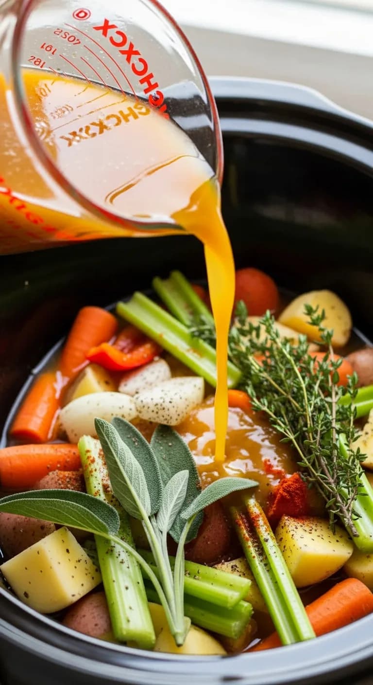 Pouring vegetable broth over squash and spices in slow cooker