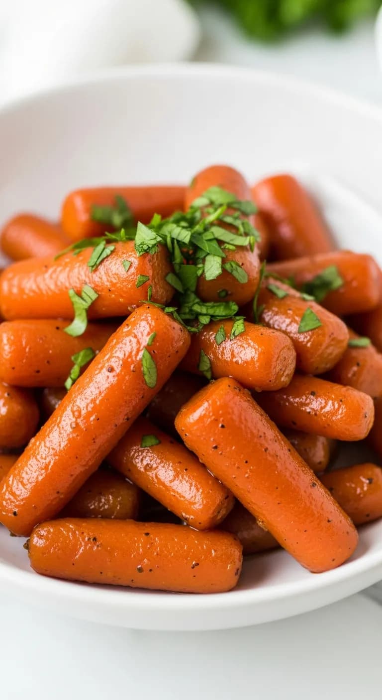 A serving of sweet crockpot baby carrots garnished with fresh parsley in a white bowl.