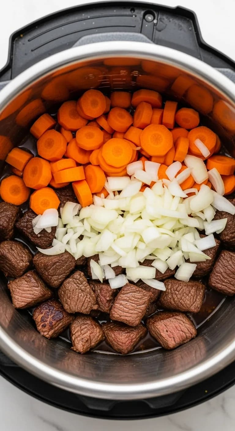 Layering ingredients like meat and vegetables inside an Instant Pot before cooking.