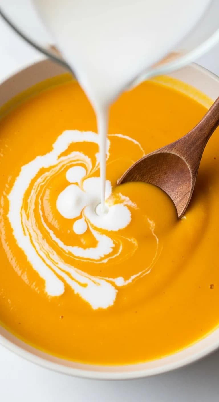 Pouring coconut milk into creamy orange butternut squash soup
