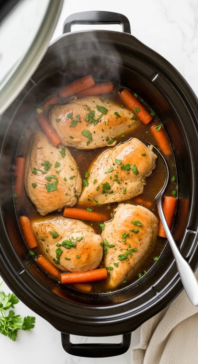 Fully cooked tender chicken and carrots in the slow cooker, ready to be served.