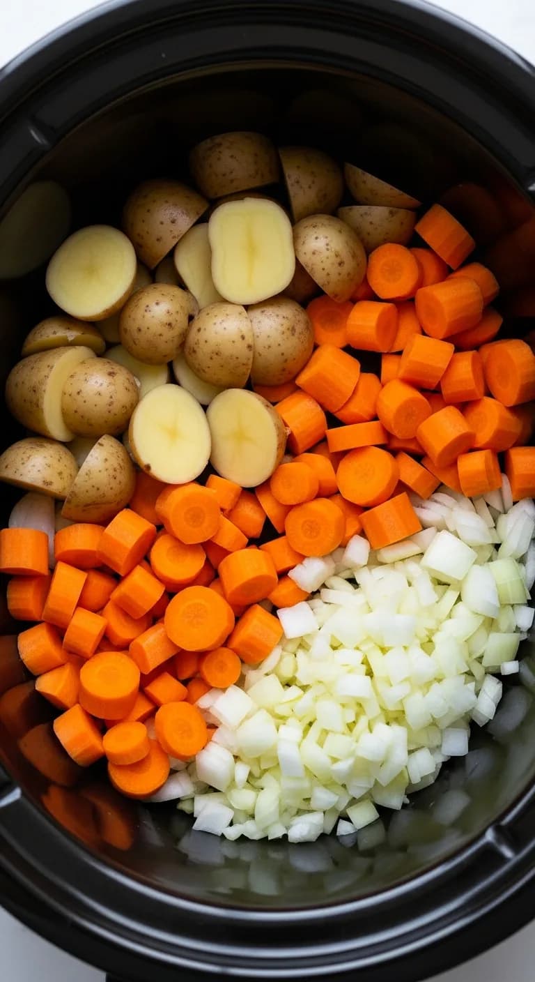 Chopped potatoes, carrots, and onions layered in the bottom of a slow cooker.