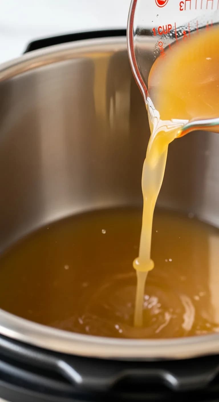 Pouring a measured cup of chicken broth into an Instant Pot inner liner.