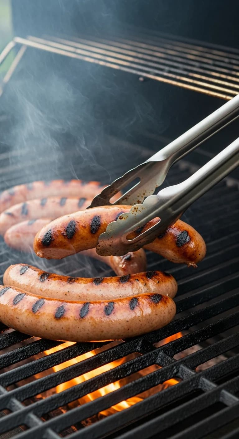 Grilling cooked bratwursts on outdoor grill for char marks