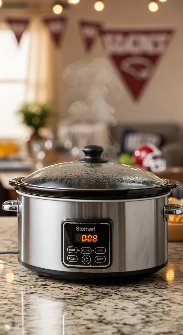 Slow cooker with lid on cooking beer brats on kitchen counter
