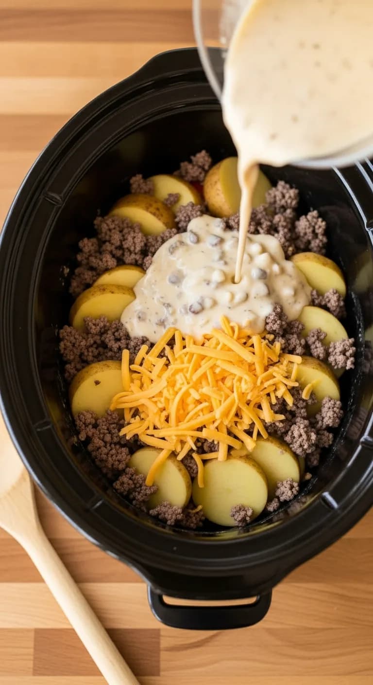Layering potatoes beef and cheese inside a black slow cooker crock