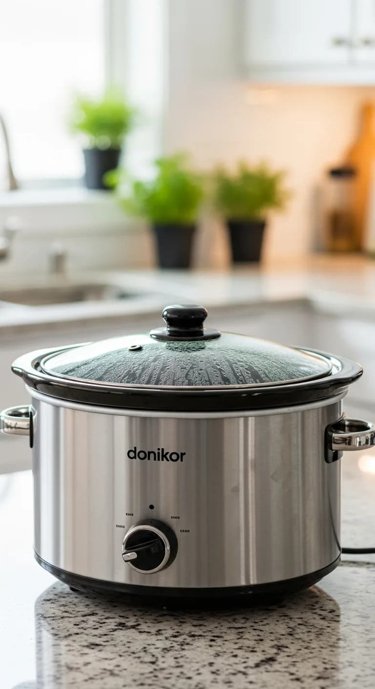 Slow cooker hamburger potato casserole cooking with lid on