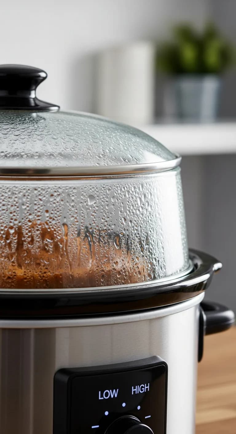 A closed slow cooker on a kitchen counter with the light on, cooking meatballs.