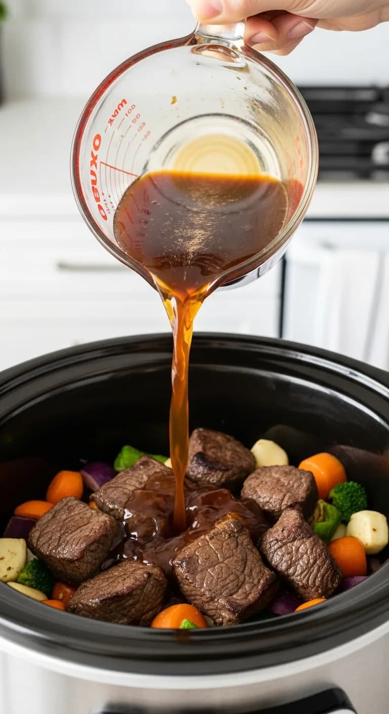 A savory broth mixture being poured over the beef and vegetables in the crockpot.