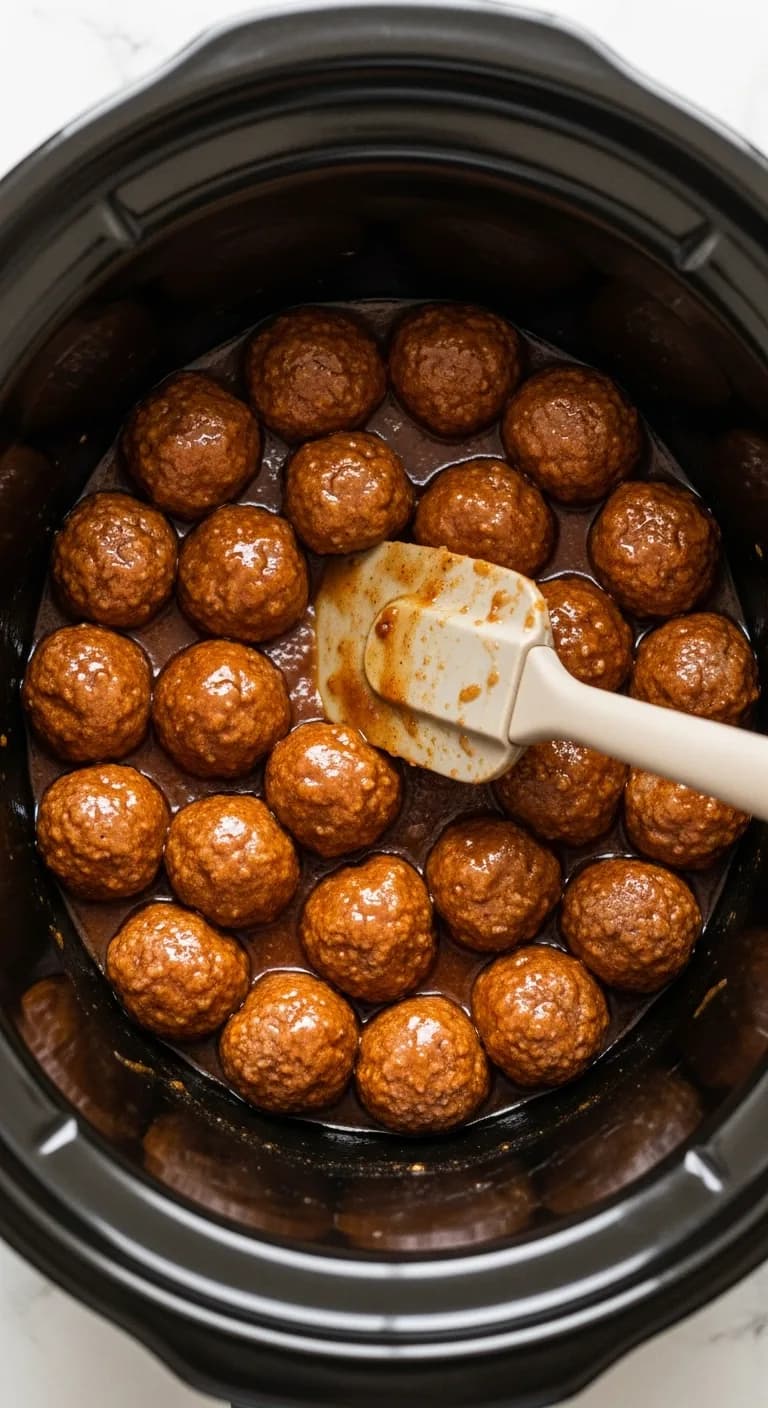 A spatula stirring frozen meatballs and sauce together in a slow cooker.
