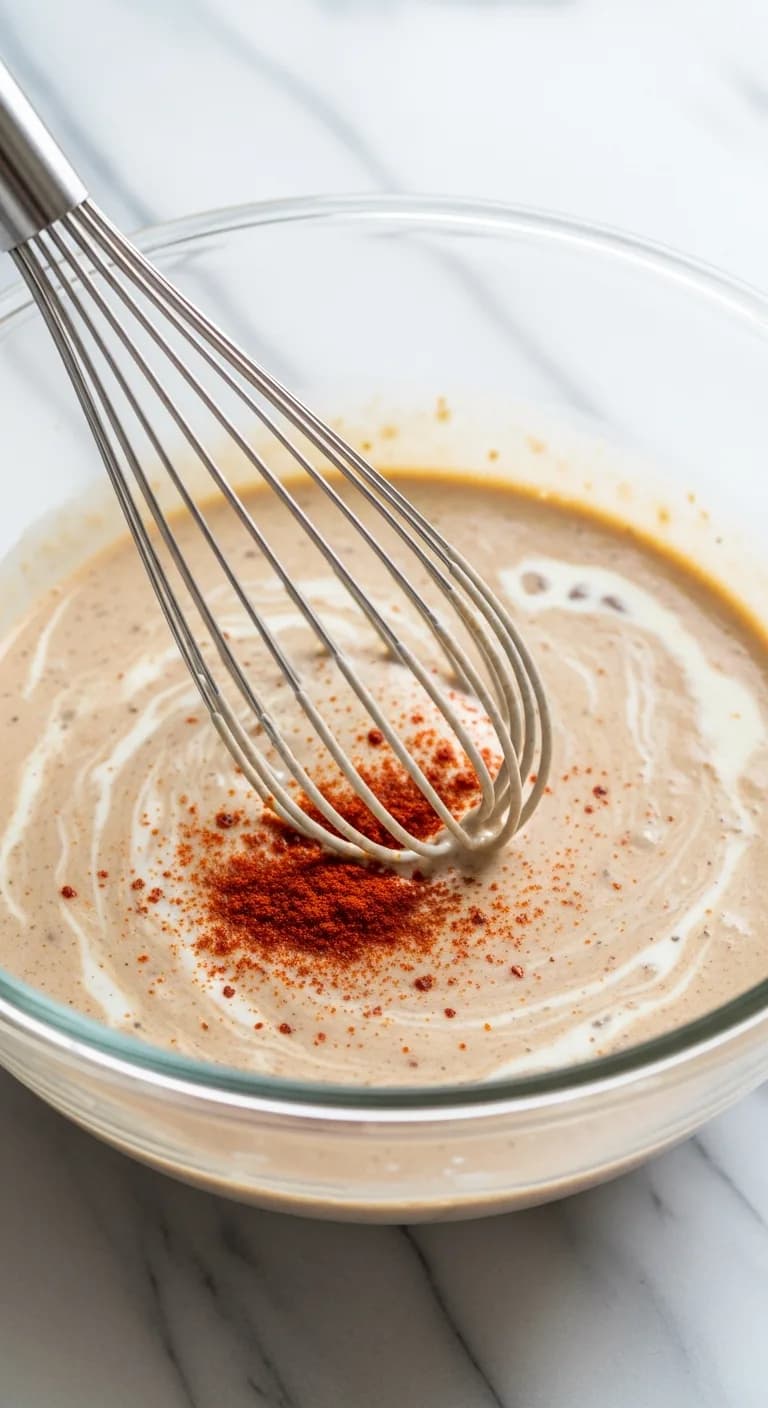 Whisking cream soup and spices in a glass bowl for casserole sauce
