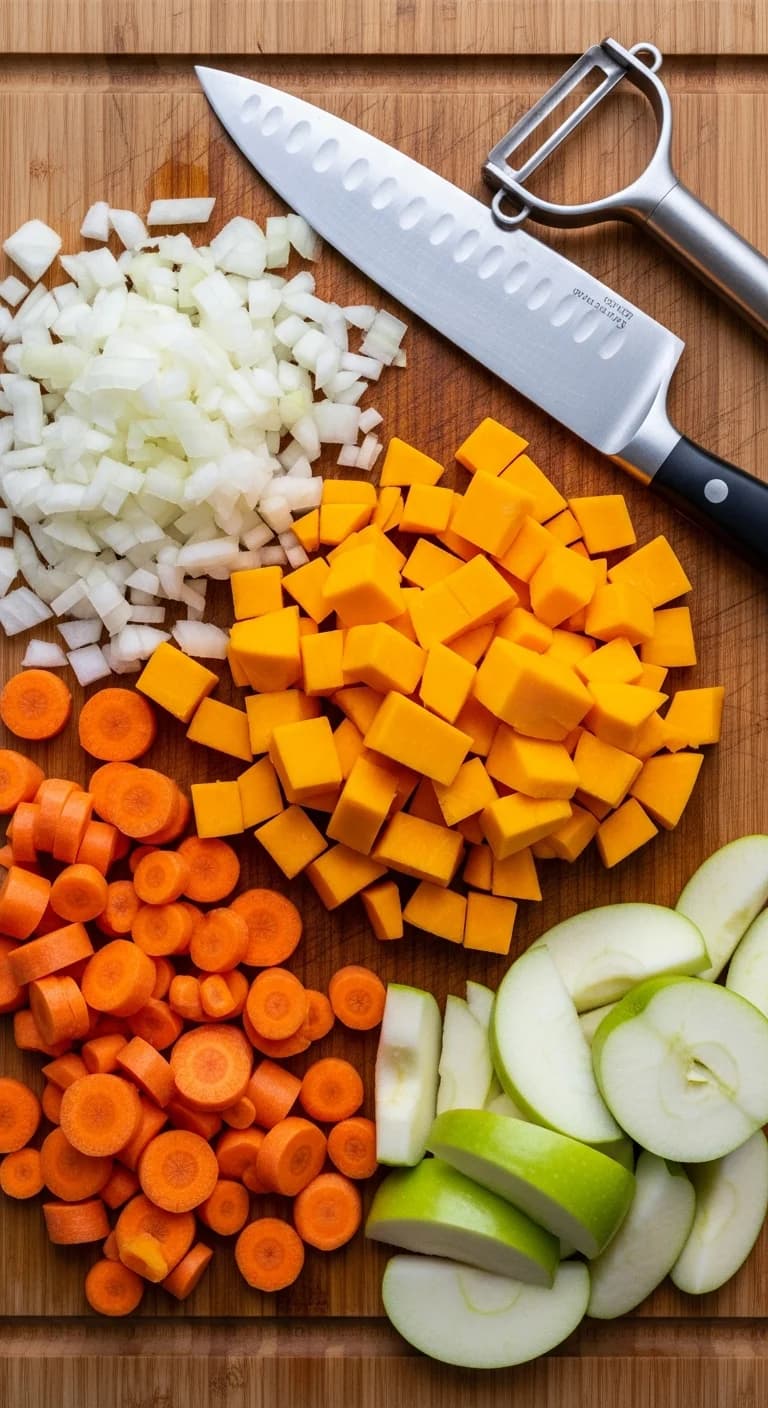 Cubed raw butternut squash and chopped vegetables on cutting board for slow cooker soup
