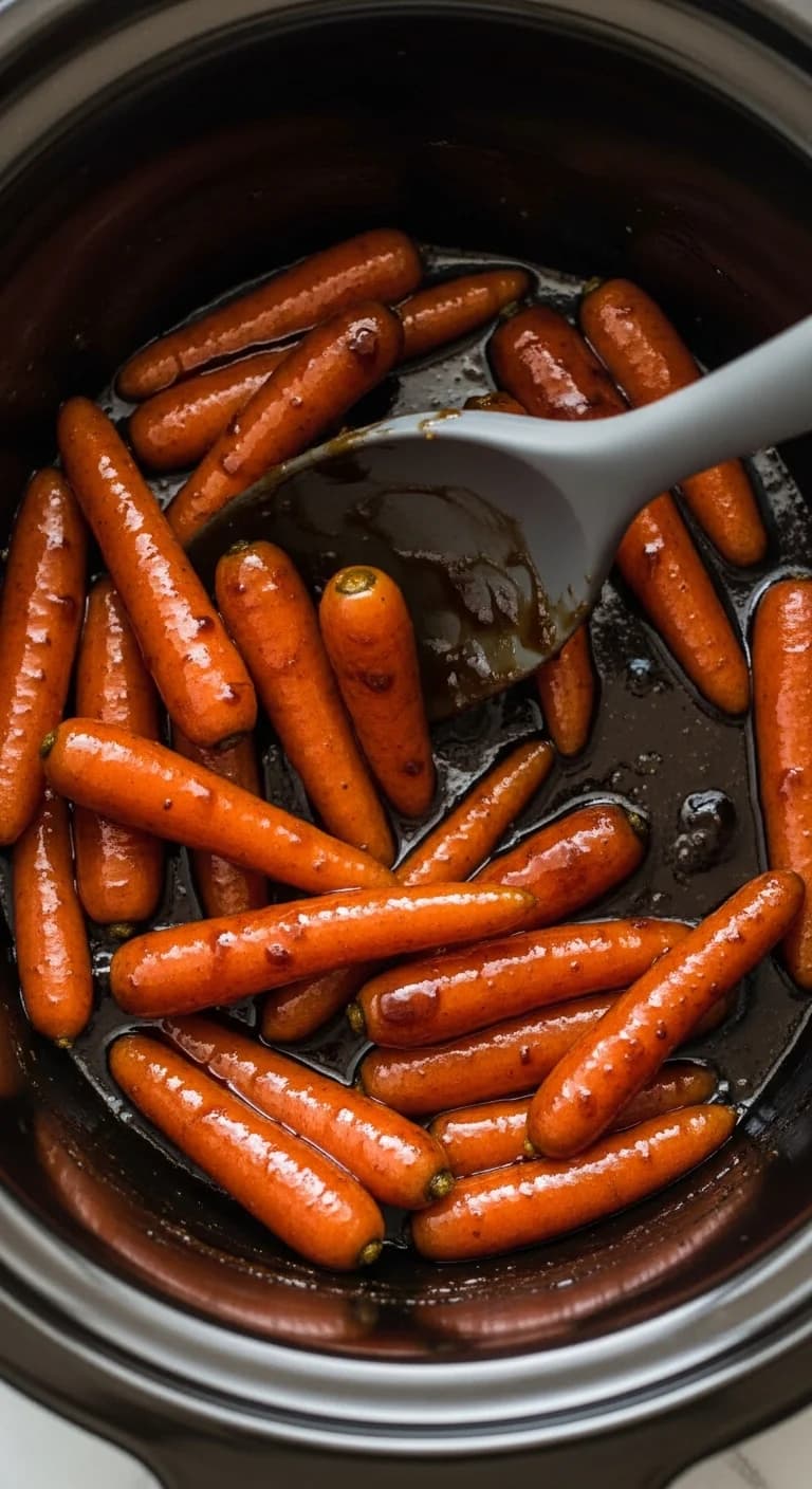 Baby carrots being tossed with a spatula to coat them in brown sugar glaze in the crockpot.