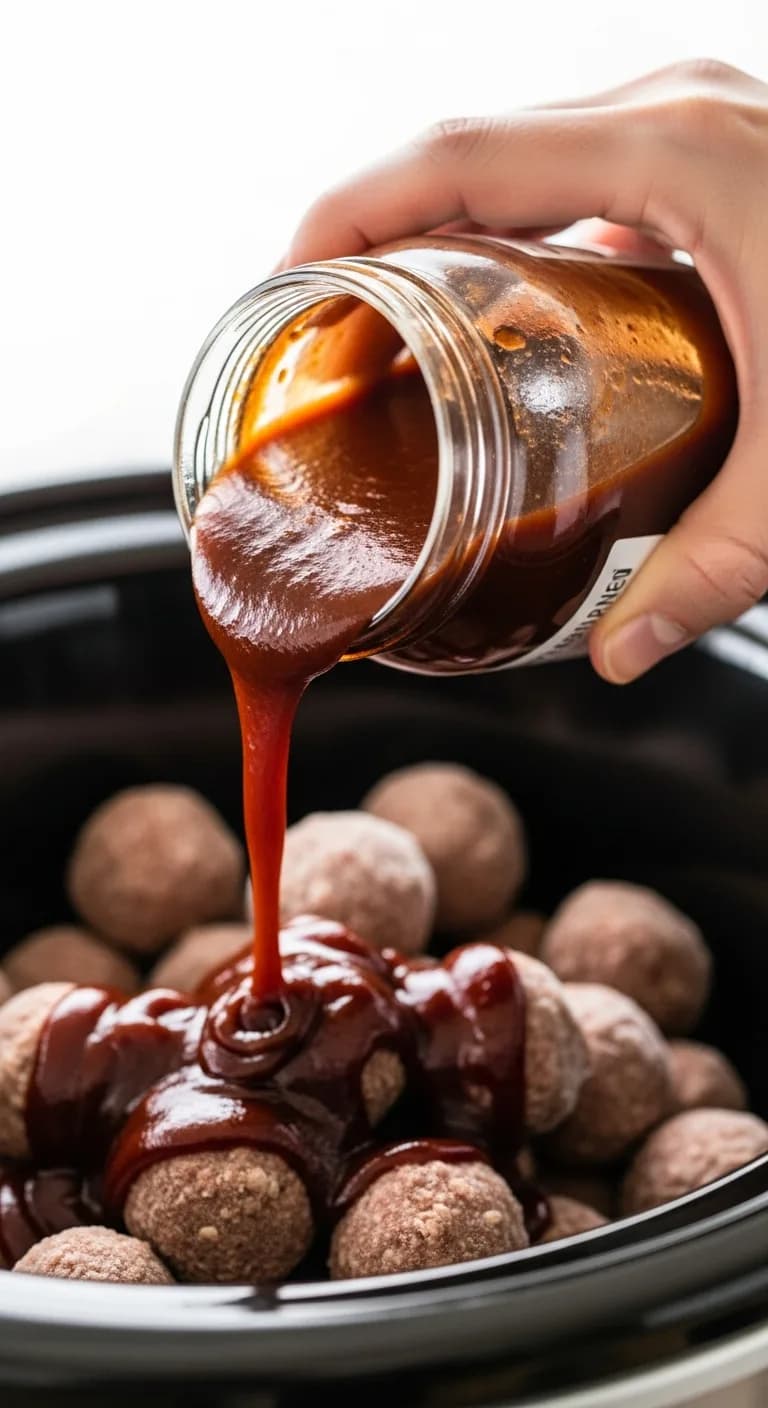 A jar of barbecue sauce being poured over frozen meatballs in a crockpot.