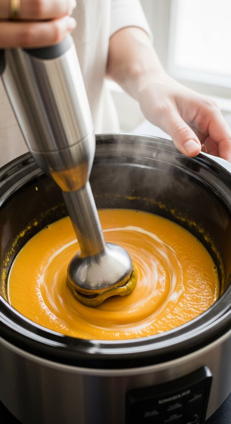 Using immersion blender to puree pumpkin soup until smooth and creamy