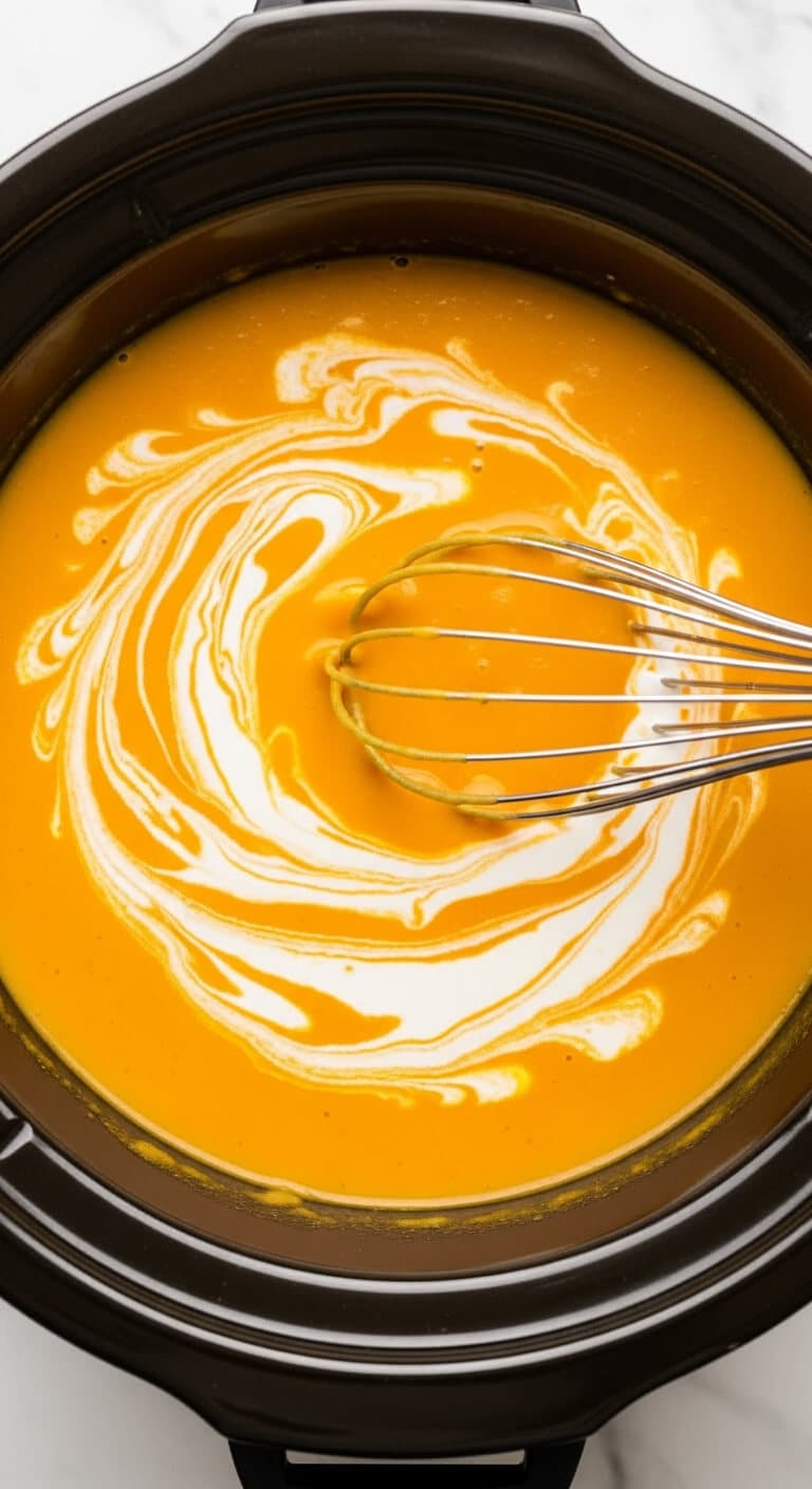 Whisking cream into smooth pumpkin soup in slow cooker