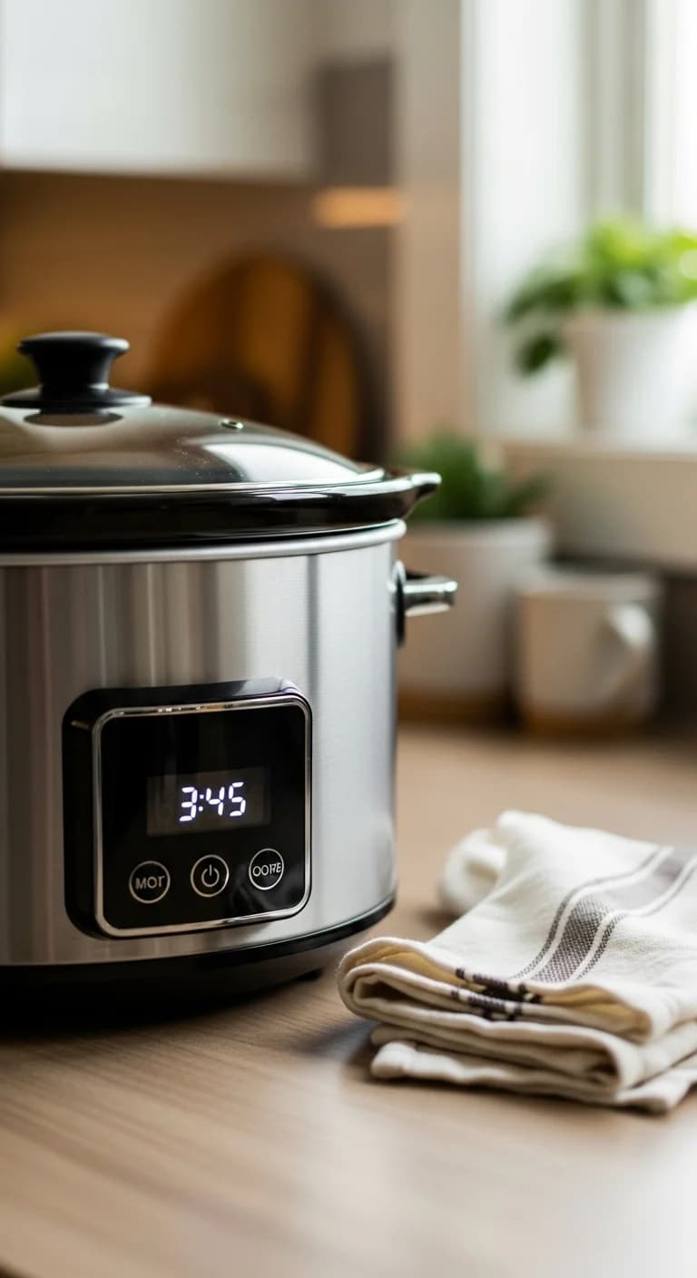 Slow cooker with lid on cooking curried sausages on kitchen counter