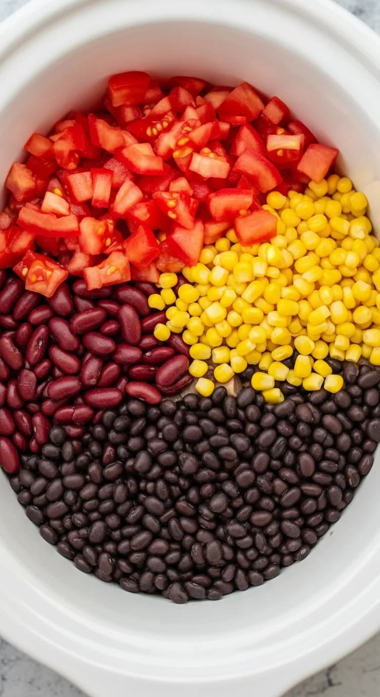 Adding beans corn and tomatoes to the slow cooker over the beef