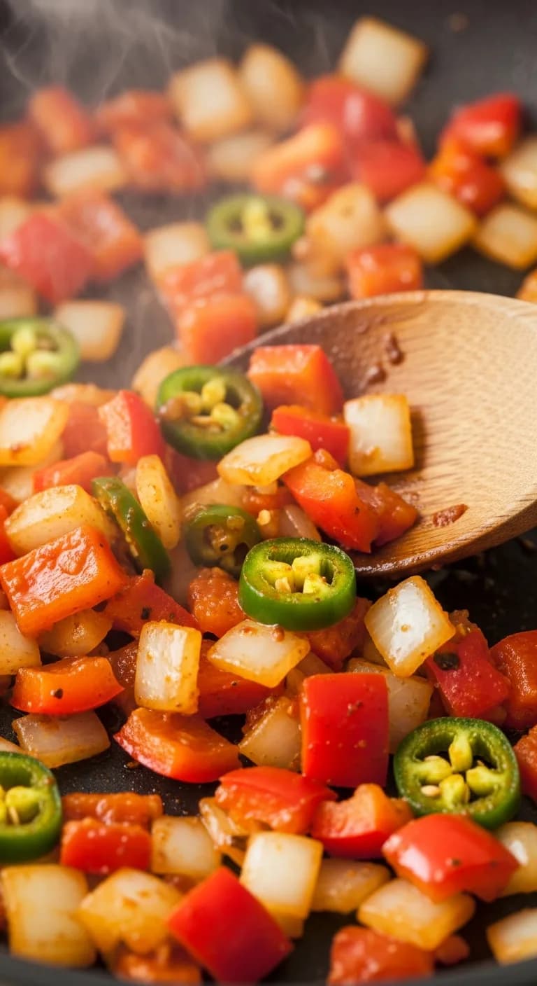 Sautéing onions peppers and spices in a skillet