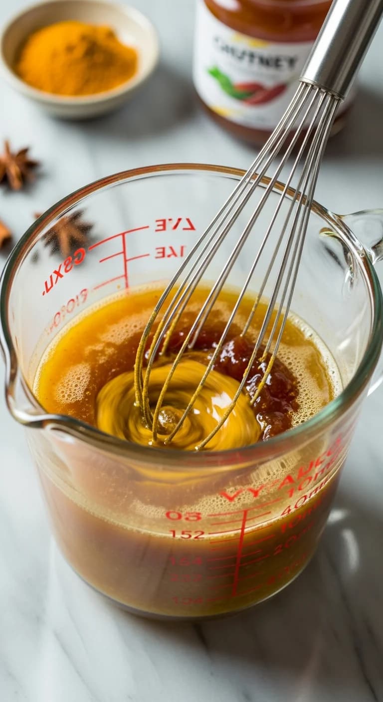 Whisking curry sauce ingredients including broth and spices in a glass jug