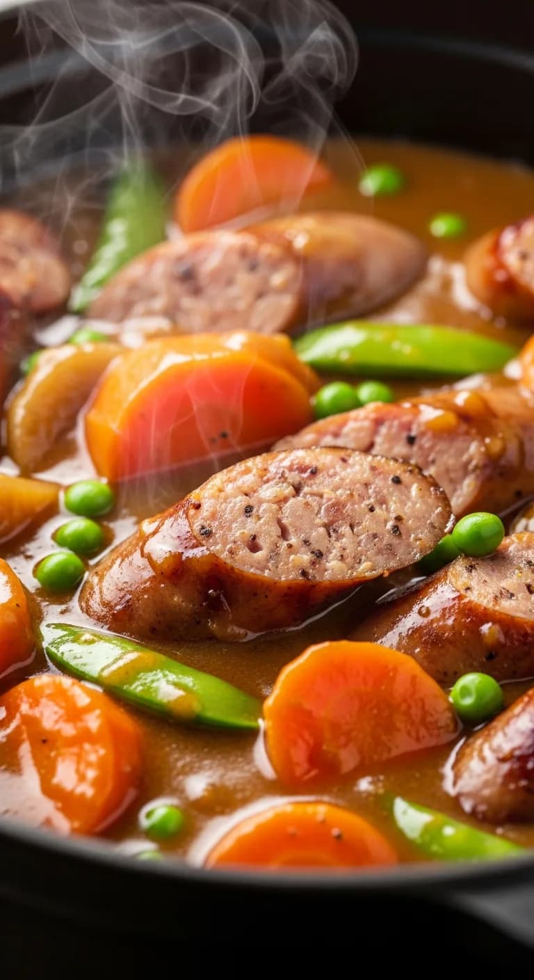 Finished thick curried sausage stew in slow cooker ready to serve