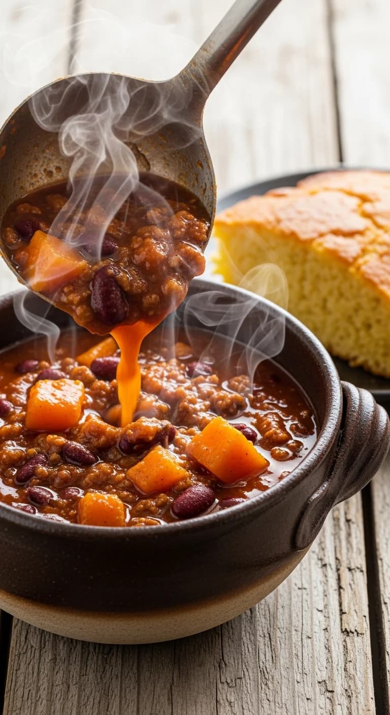 Ladling hot double pumpkin chili into ceramic bowl with toppings