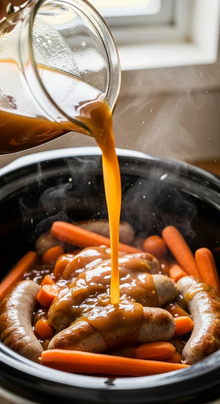 Pouring savory curry sauce over sausages and vegetables in crockpot