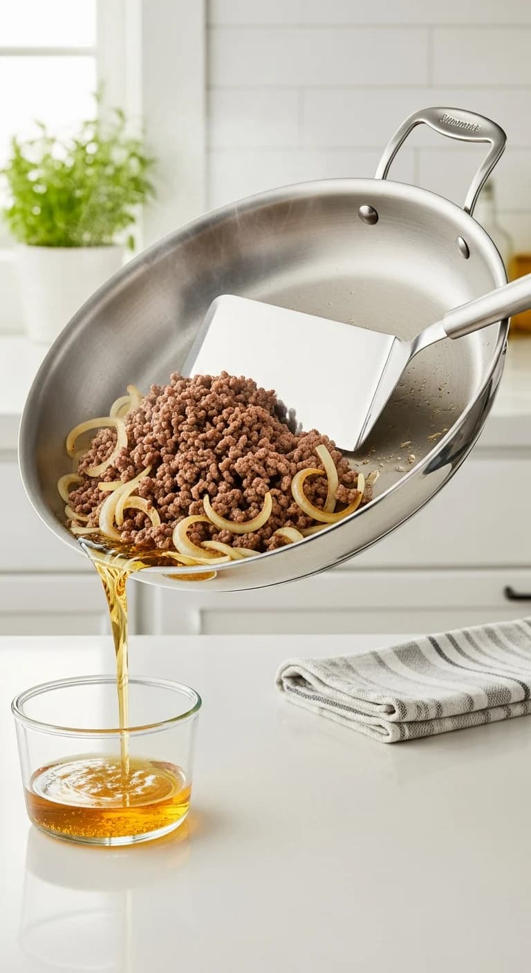 Draining excess grease from cooked ground beef skillet