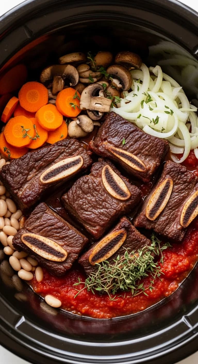 Adding all chili ingredients into the slow cooker ceramic insert