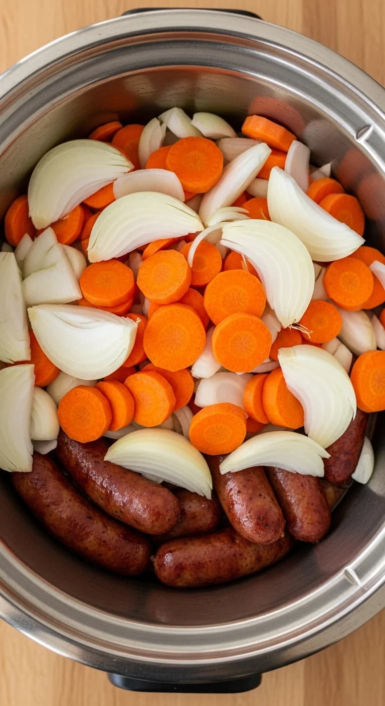 Raw sliced carrots and onion wedges added to slow cooker