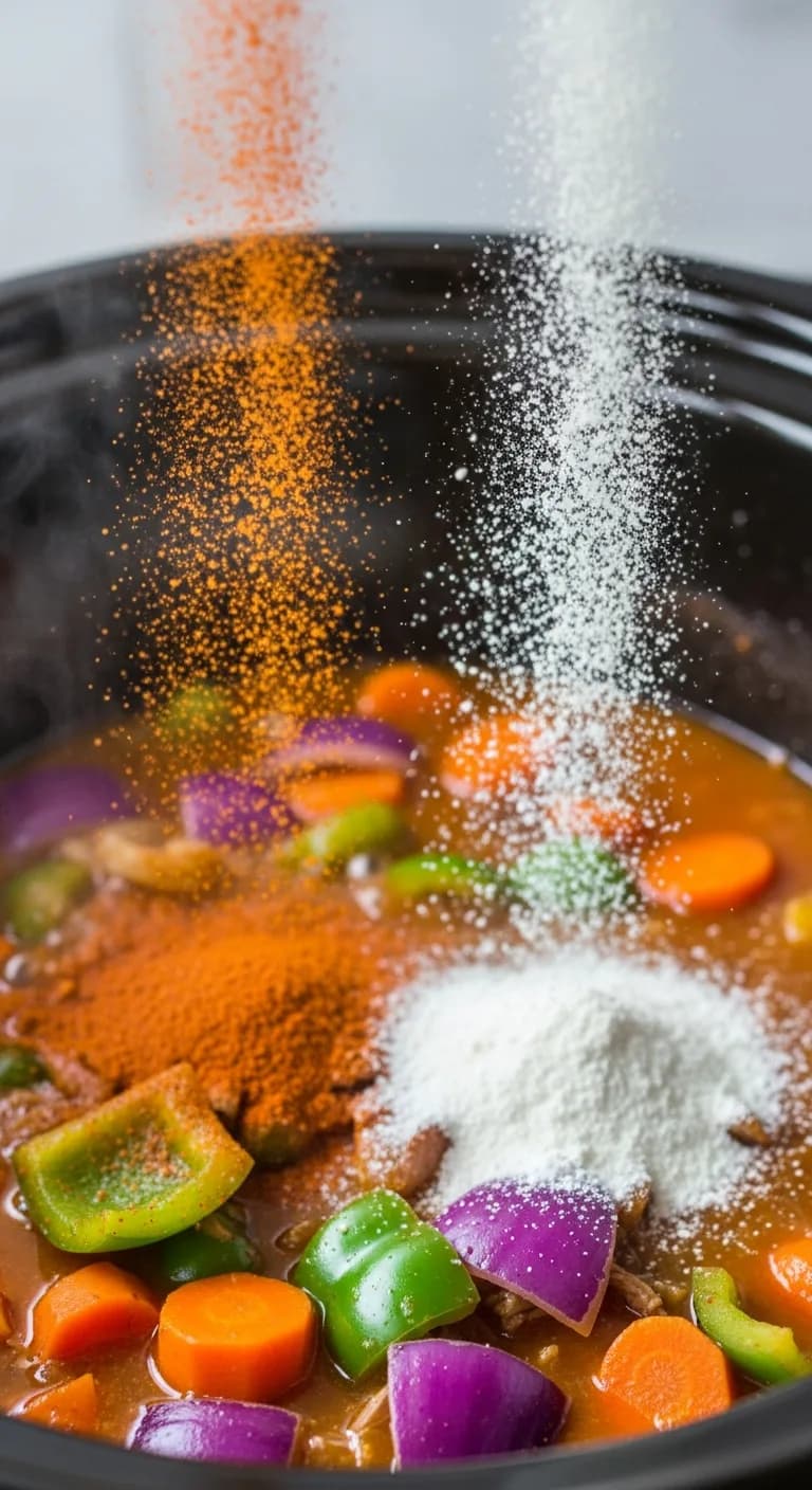 Sprinkling taco seasoning and ranch powder over soup ingredients in crockpot