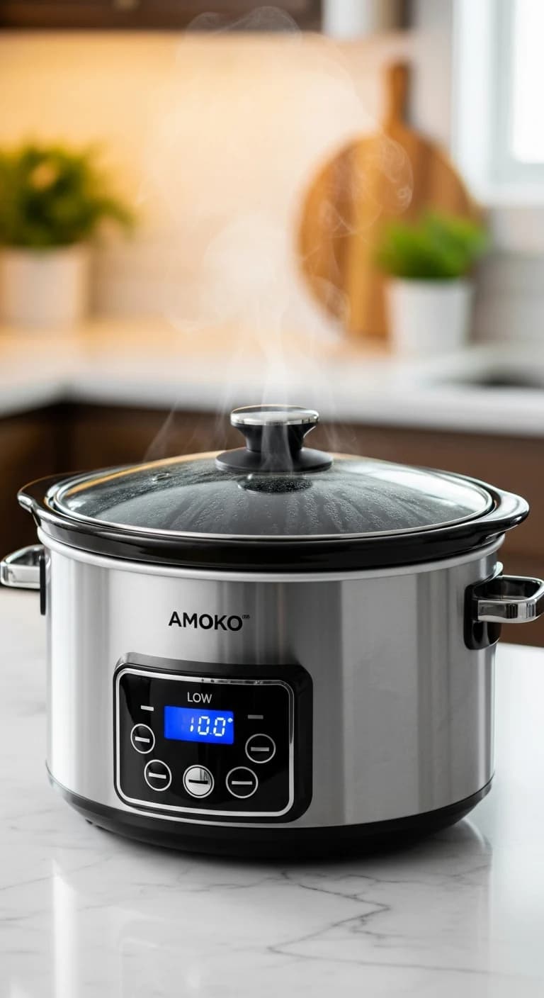 Covered slow cooker cooking taco soup on a kitchen counter