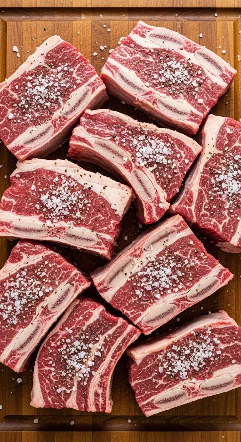 Seasoning raw beef short ribs with salt and pepper on a cutting board