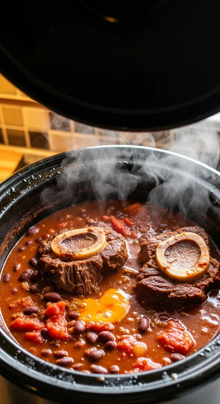 Slow cooker short rib chili finished cooking with lid removed