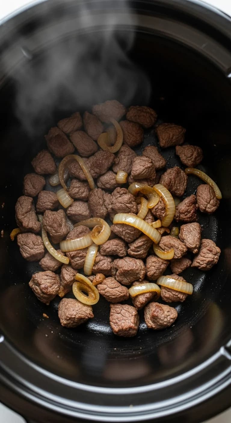 Cooked ground beef mixture added to the bottom of a ceramic slow cooker