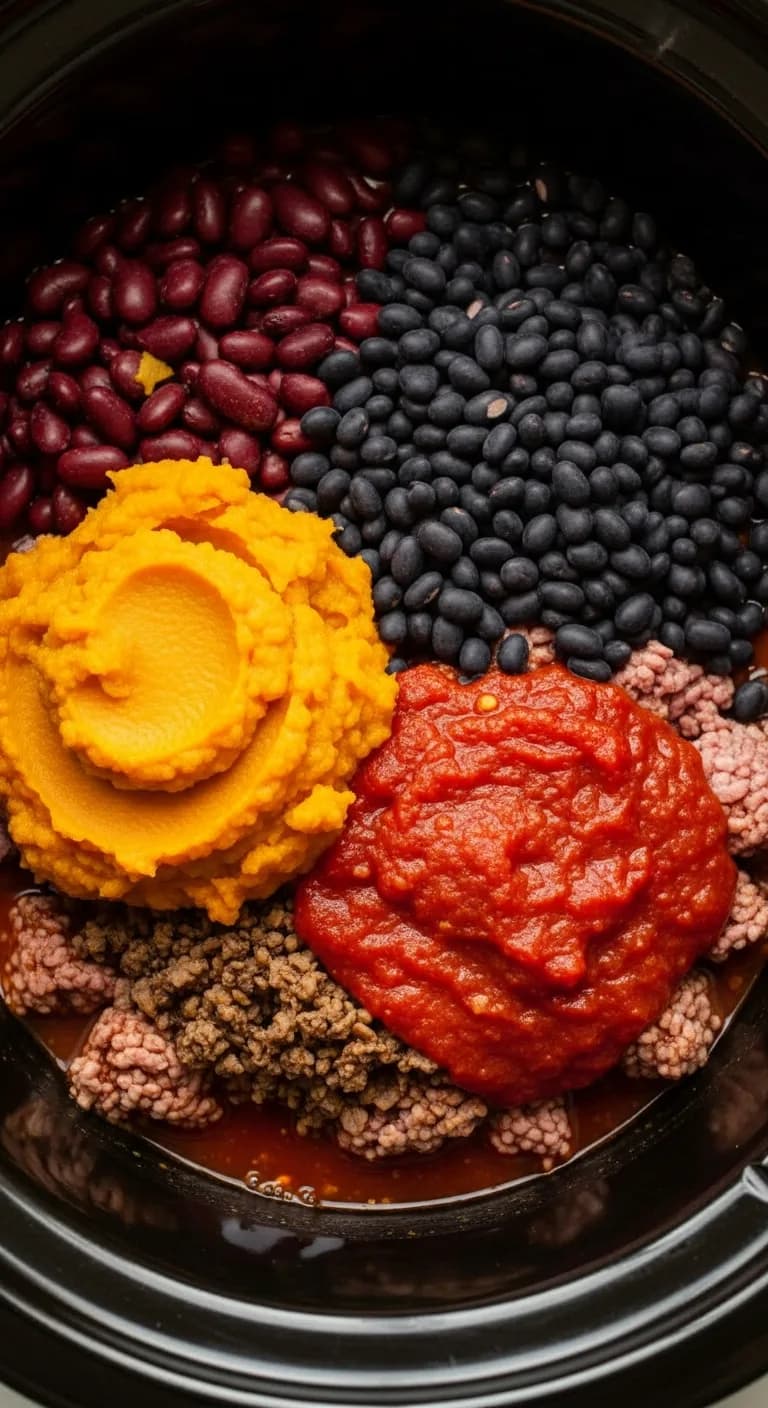 Adding pumpkin puree and canned beans to slow cooker chili base
