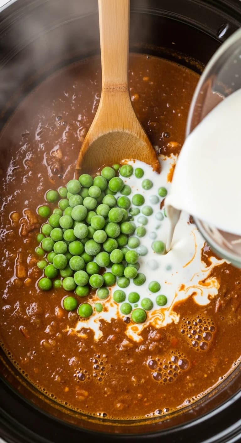 Stirring frozen peas and cornstarch slurry into hot curried sausages