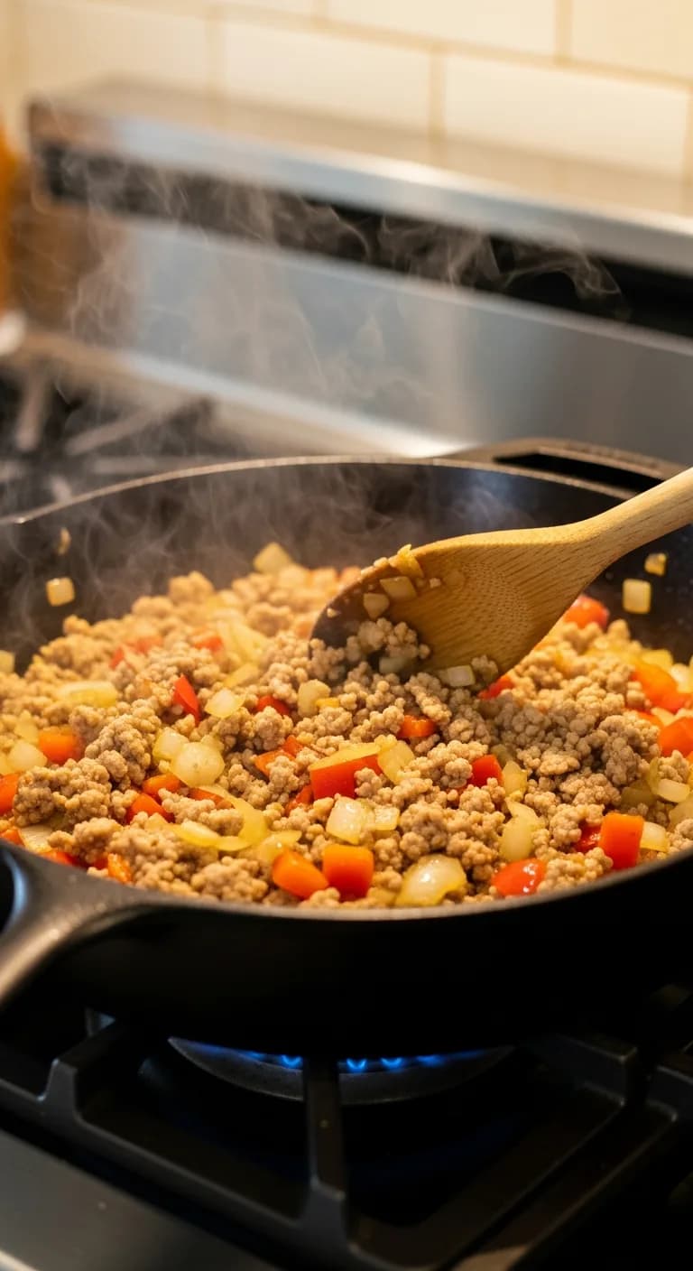 Browning ground turkey with onions and peppers in skillet for pumpkin chili