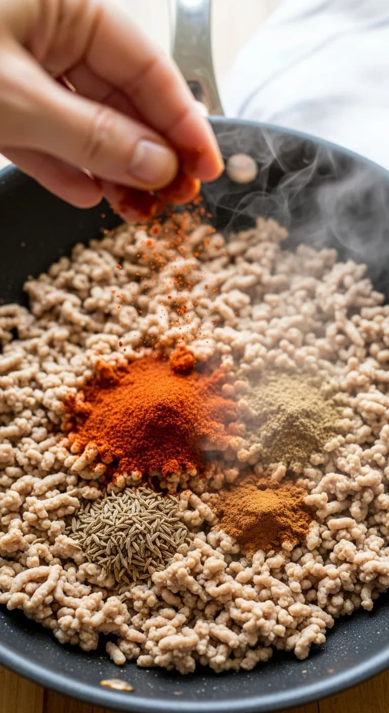 Adding vibrant spices to browned meat in skillet