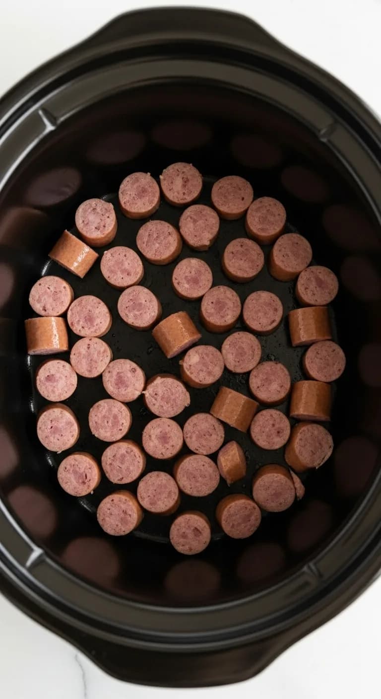Cut sausages placed in the bottom of a ceramic slow cooker pot