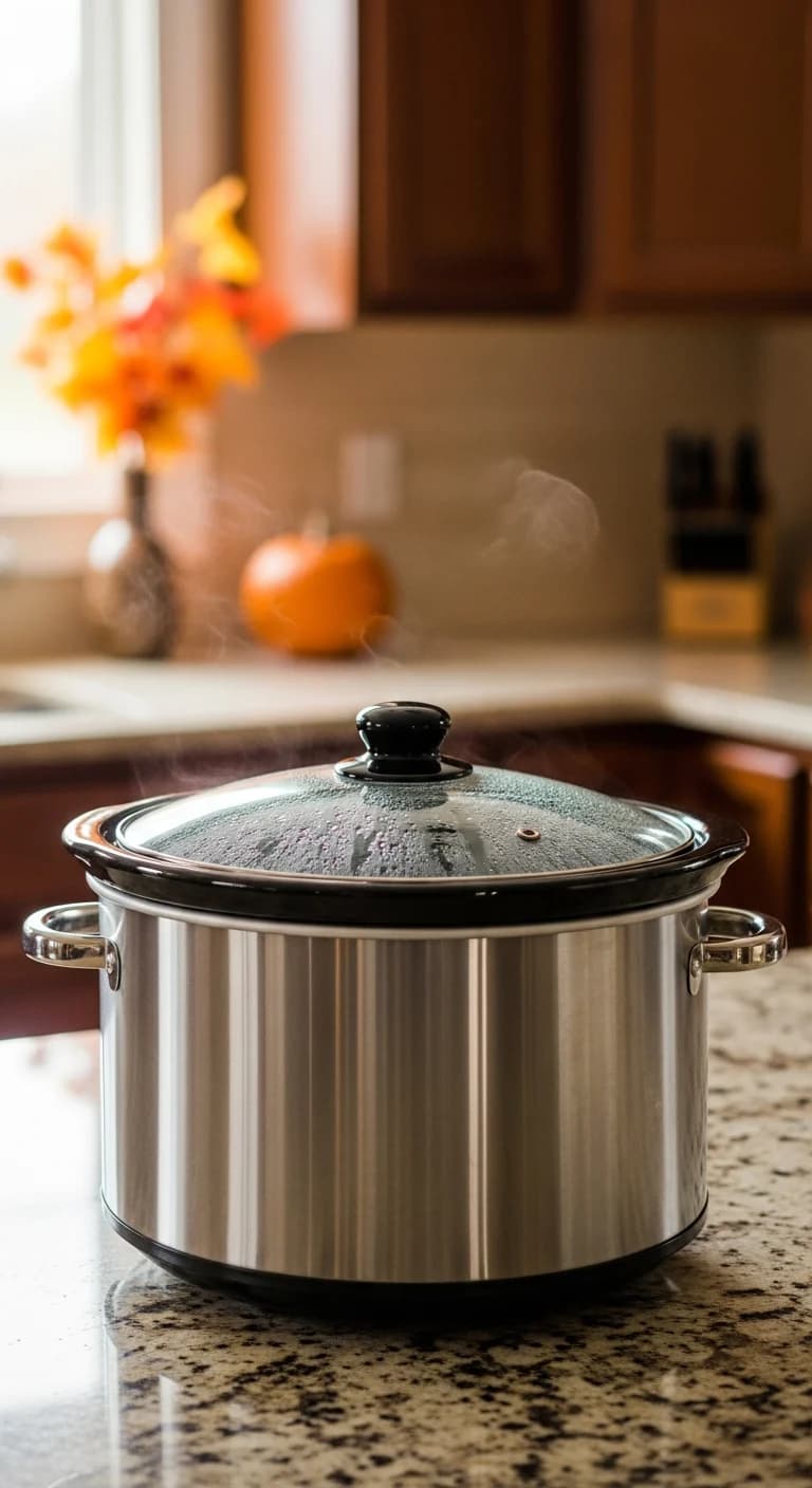 Covered slow cooker filled with pumpkin chili cooking on counter