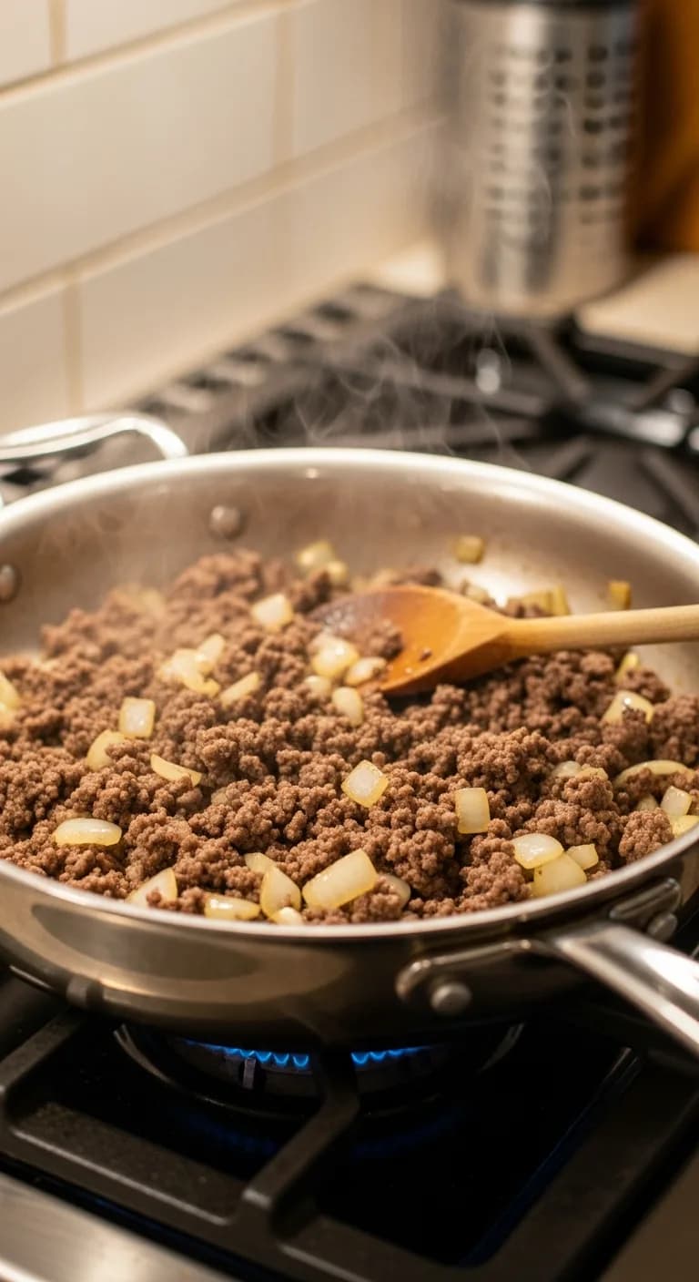 Ground beef and chopped onions browning in a skillet on the stove