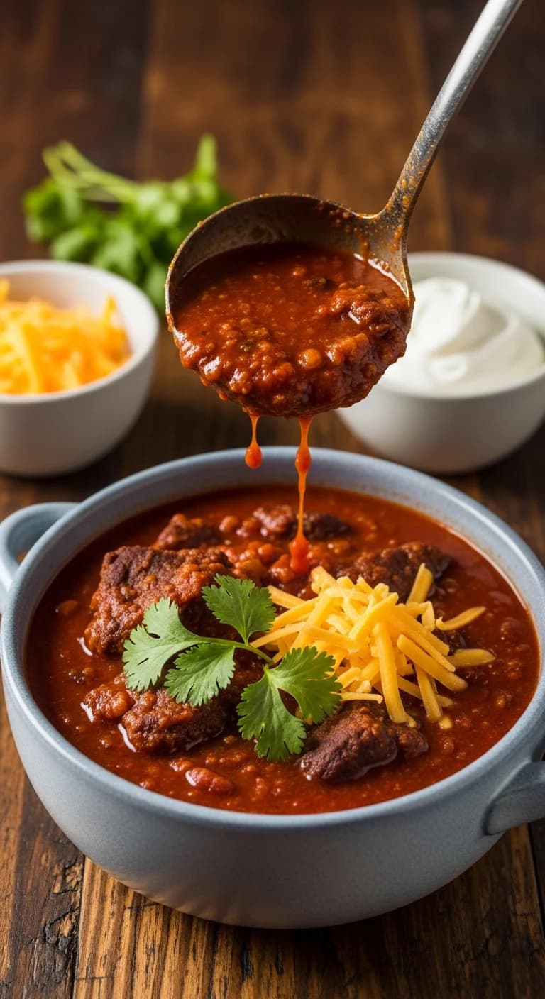 Ladling hot short rib chili into a serving bowl