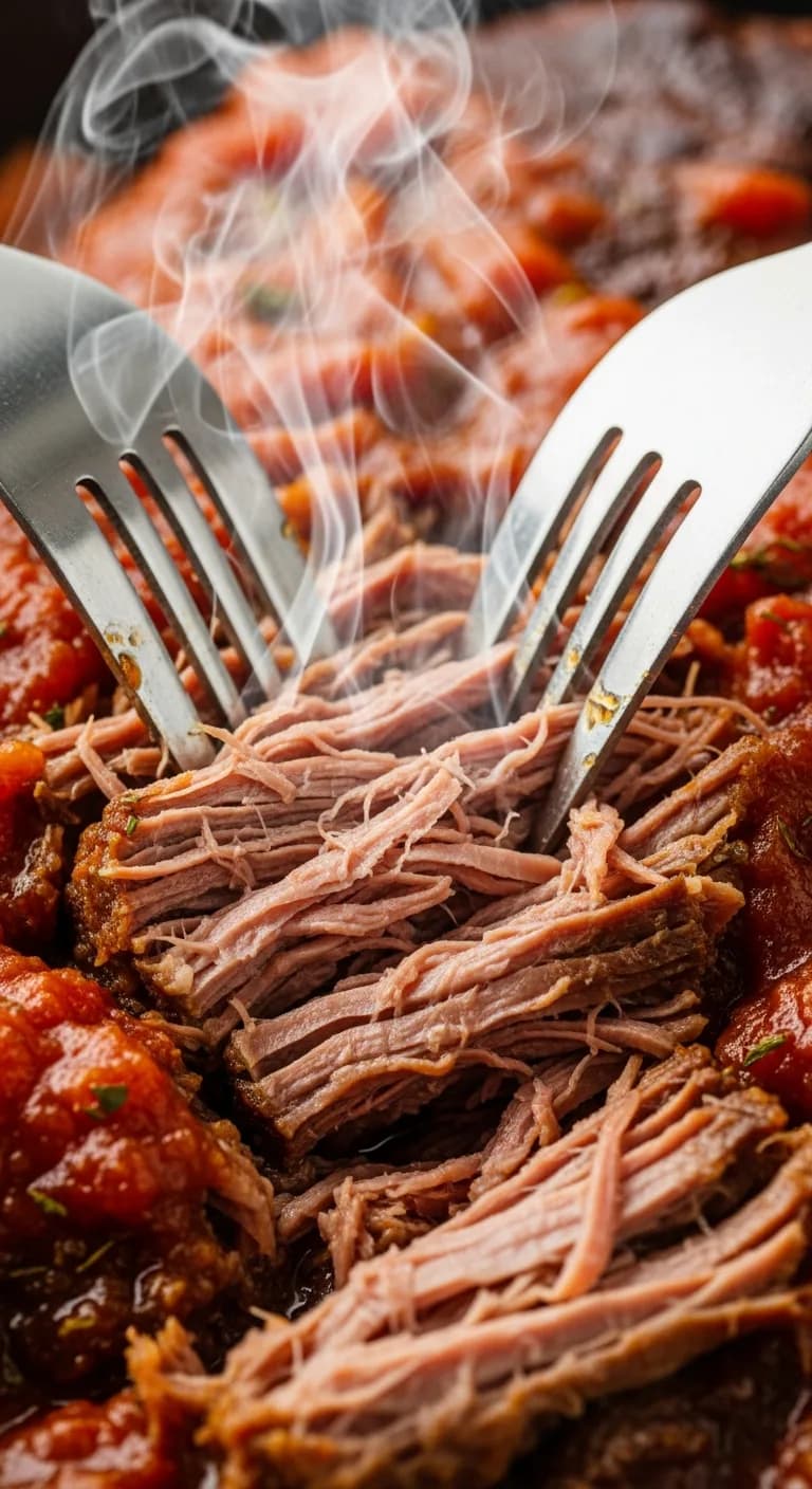 Shredding tender beef short ribs with two forks
