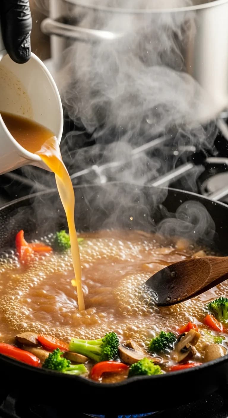 Pouring beef broth into skillet to deglaze pan