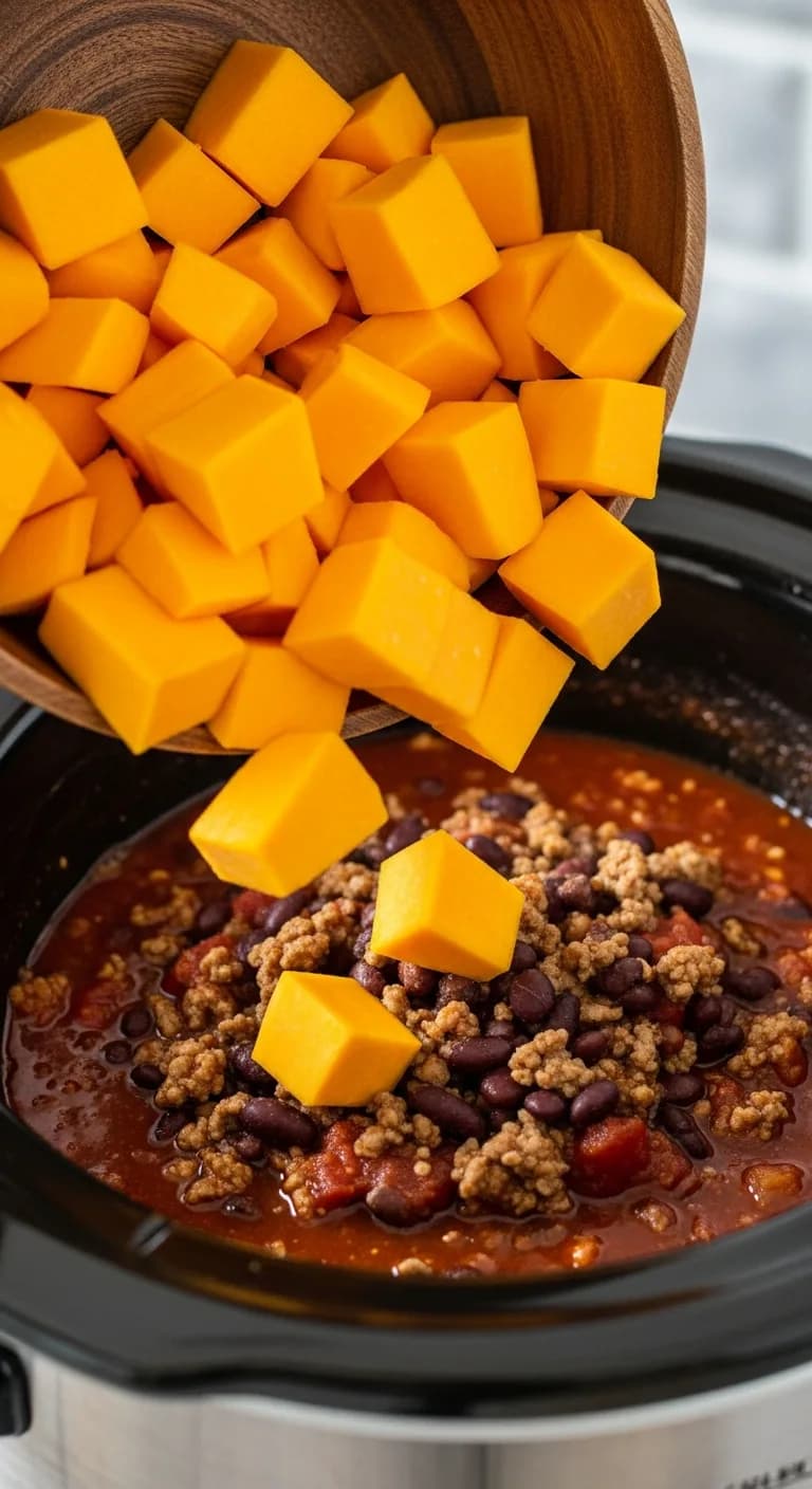 Fresh cubed pumpkin pieces being added to chili mixture in crockpot